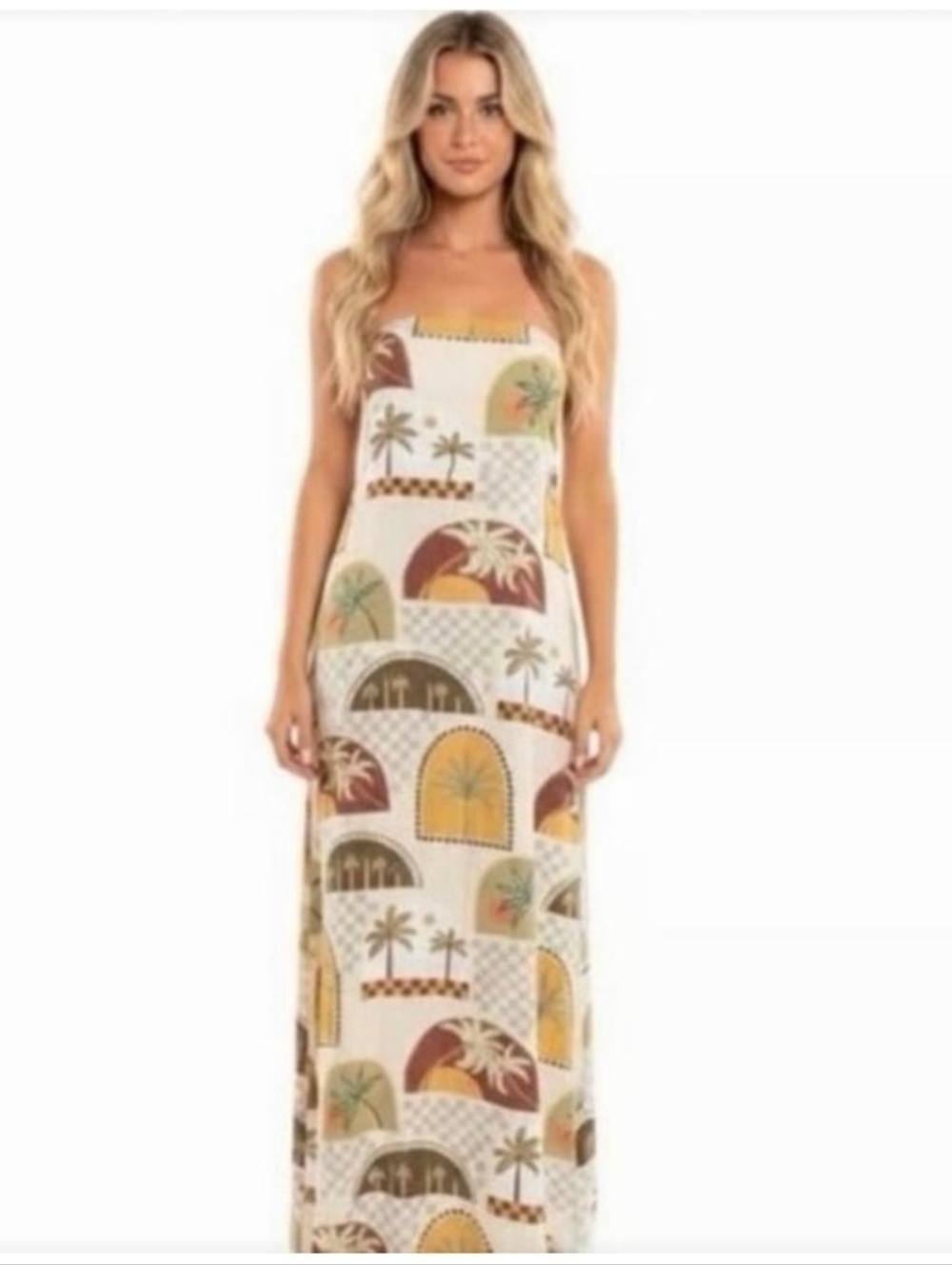 Paper Hearts Anthropologie Linen Tropical Print Strapless Maxi Dress Resortwear